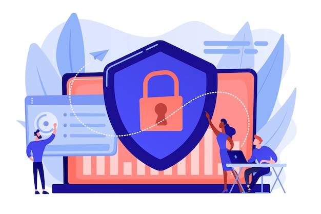 Security analysts protect internet-connected systems with shield. cyber security, data protection, cyberattacks concept Free Vector