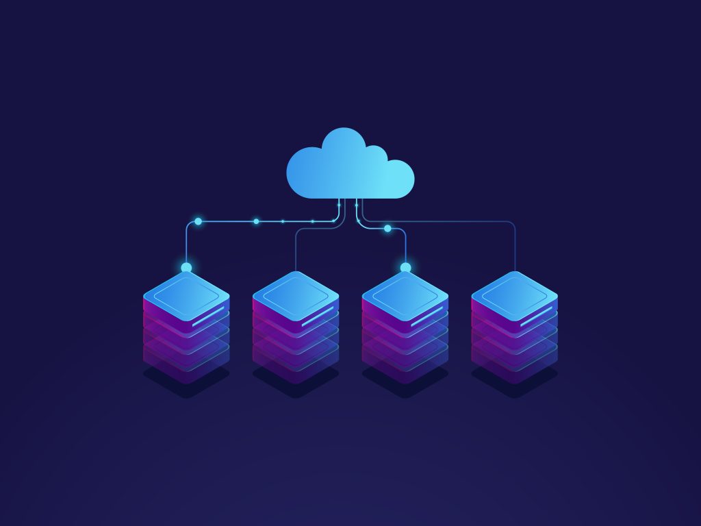 Server room, cloud storage icon, datacenter and database concept, data exchange process isometric